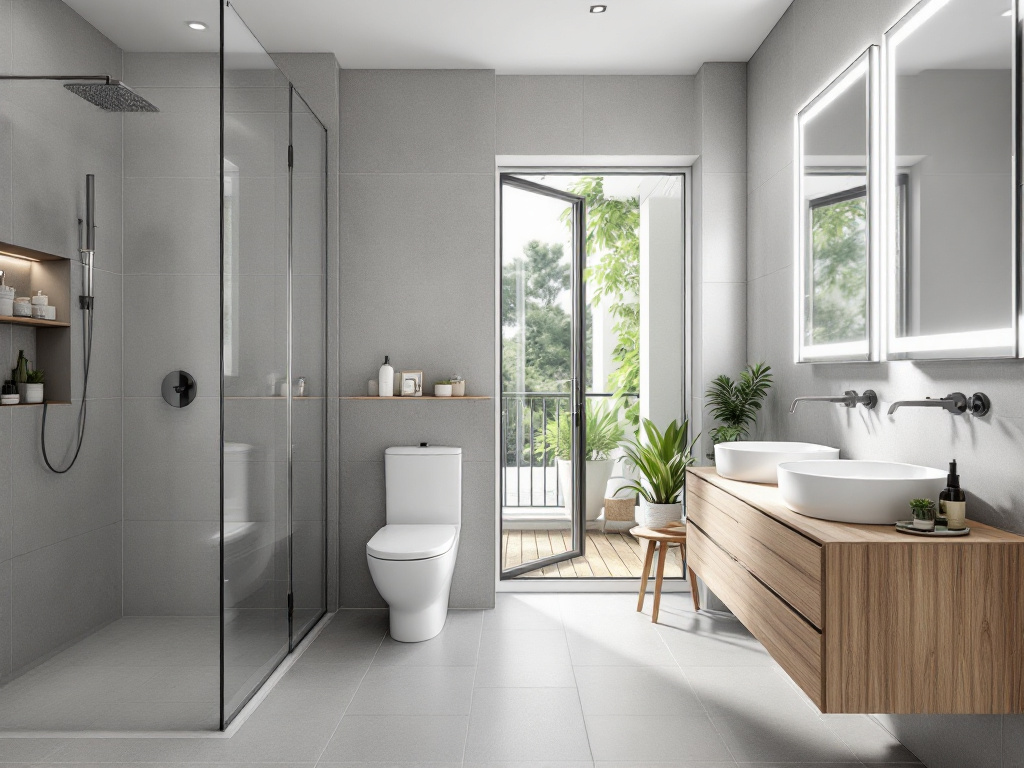 Badezimmer mit grauen Fliesen und Holz » Ideen zur Gestaltung