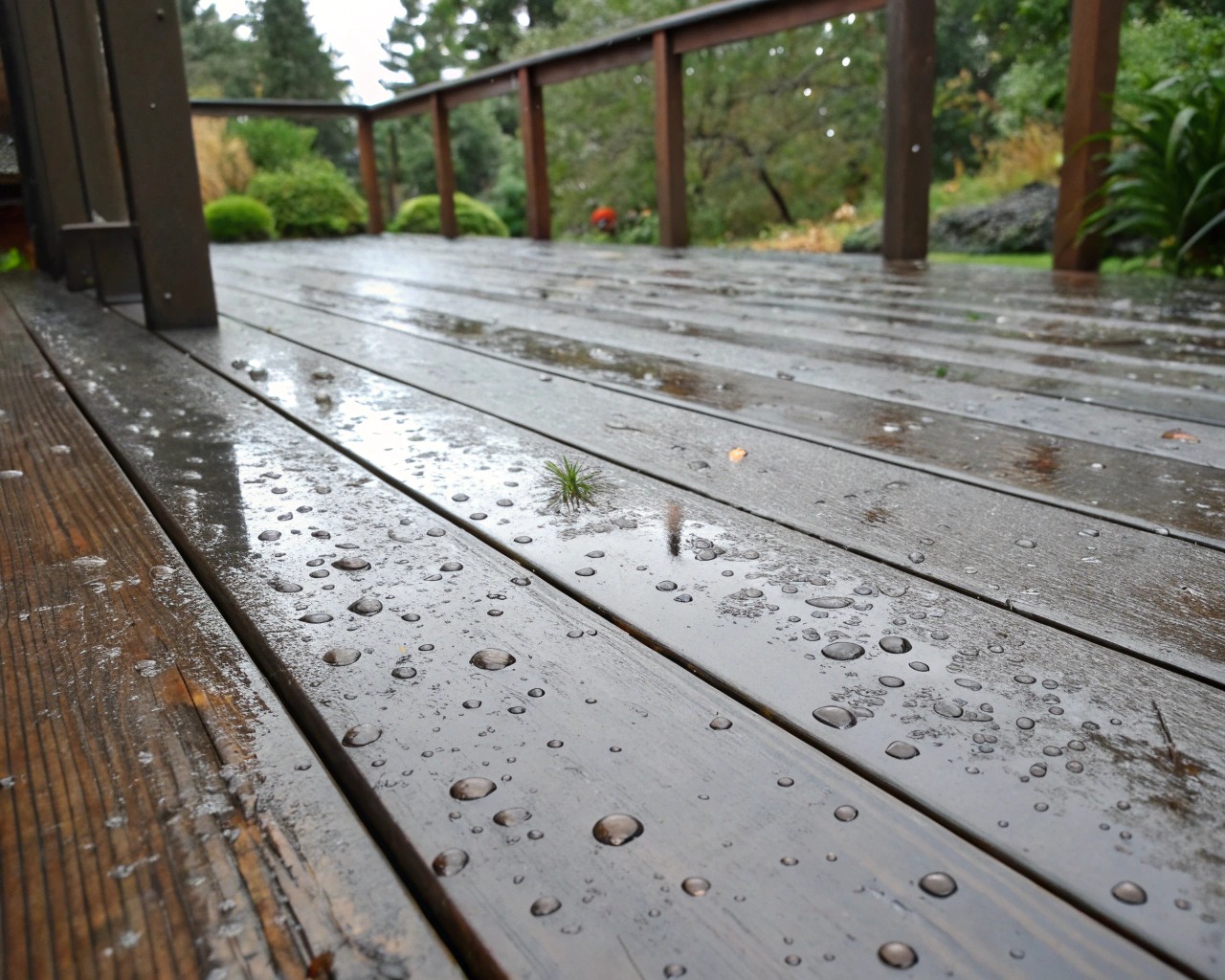 Nasse Holzterrasse mit Moosbildung und Pfützen