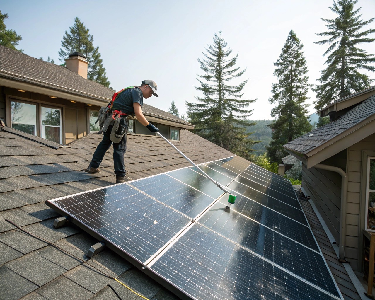 Reinigung der Solarmodule auf einem Wohnhaus zur Effizienzbewahrung